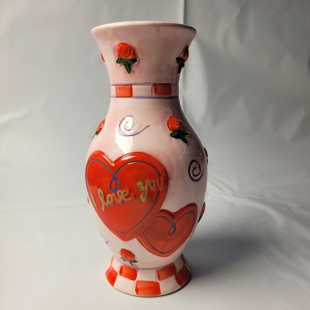 Ceramic Bud Vase Pink I Love You Hearts Roses Whimsical Valentine Dating Decor‎